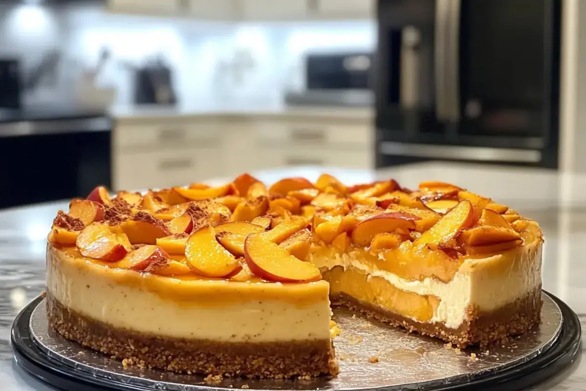 Peach cheesecake with a smooth creamy filling and crumb crust.