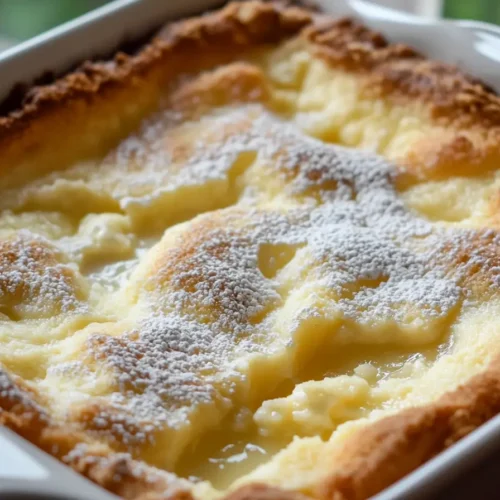 Freshly baked lemon cream cheese dump cake in a white baking dish, topped with powdered sugar.