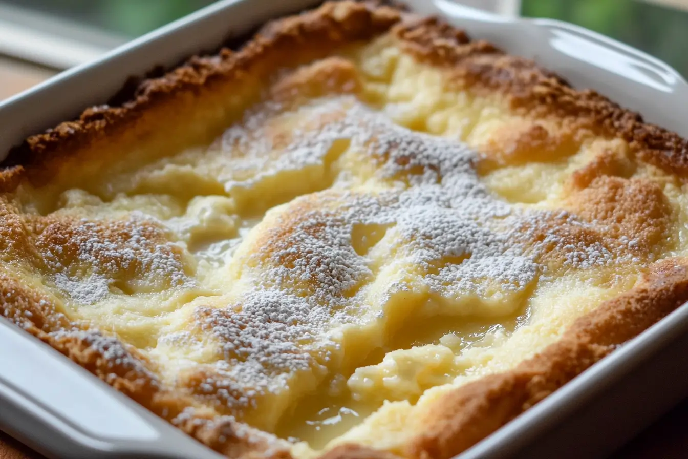 Freshly baked lemon cream cheese dump cake in a white baking dish, topped with powdered sugar.