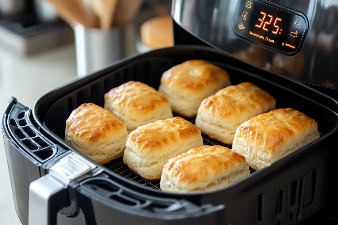 Golden canned biscuits cooking in an air fryer, showcasing how long to cook canned biscuits for optimal crispiness.