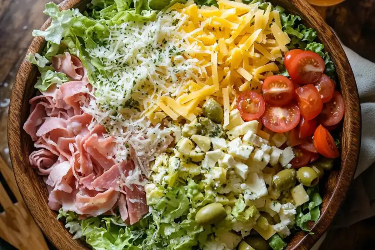 Freshly Assembled Classic 1905 Salad in a Wooden Bowl