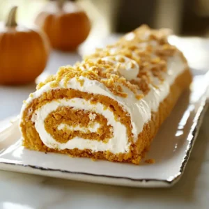 Pumpkin roll with cream cheese filling and crumb topping on a serving platter.