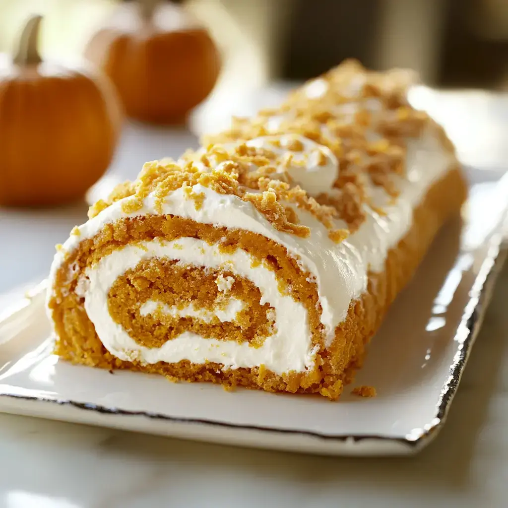 Pumpkin roll with cream cheese filling and crumb topping on a serving platter.