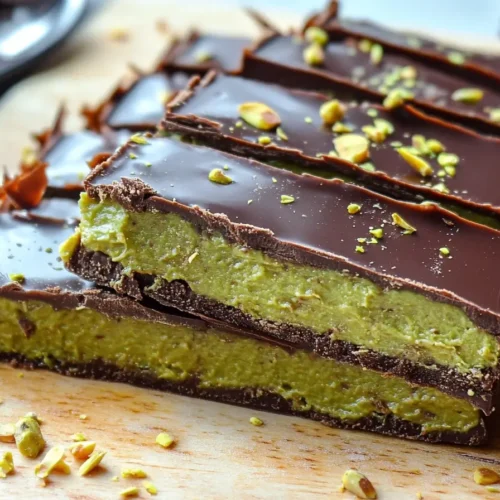 Sliced Dubai chocolate bar revealing rich pistachio filling and glossy chocolate layers.