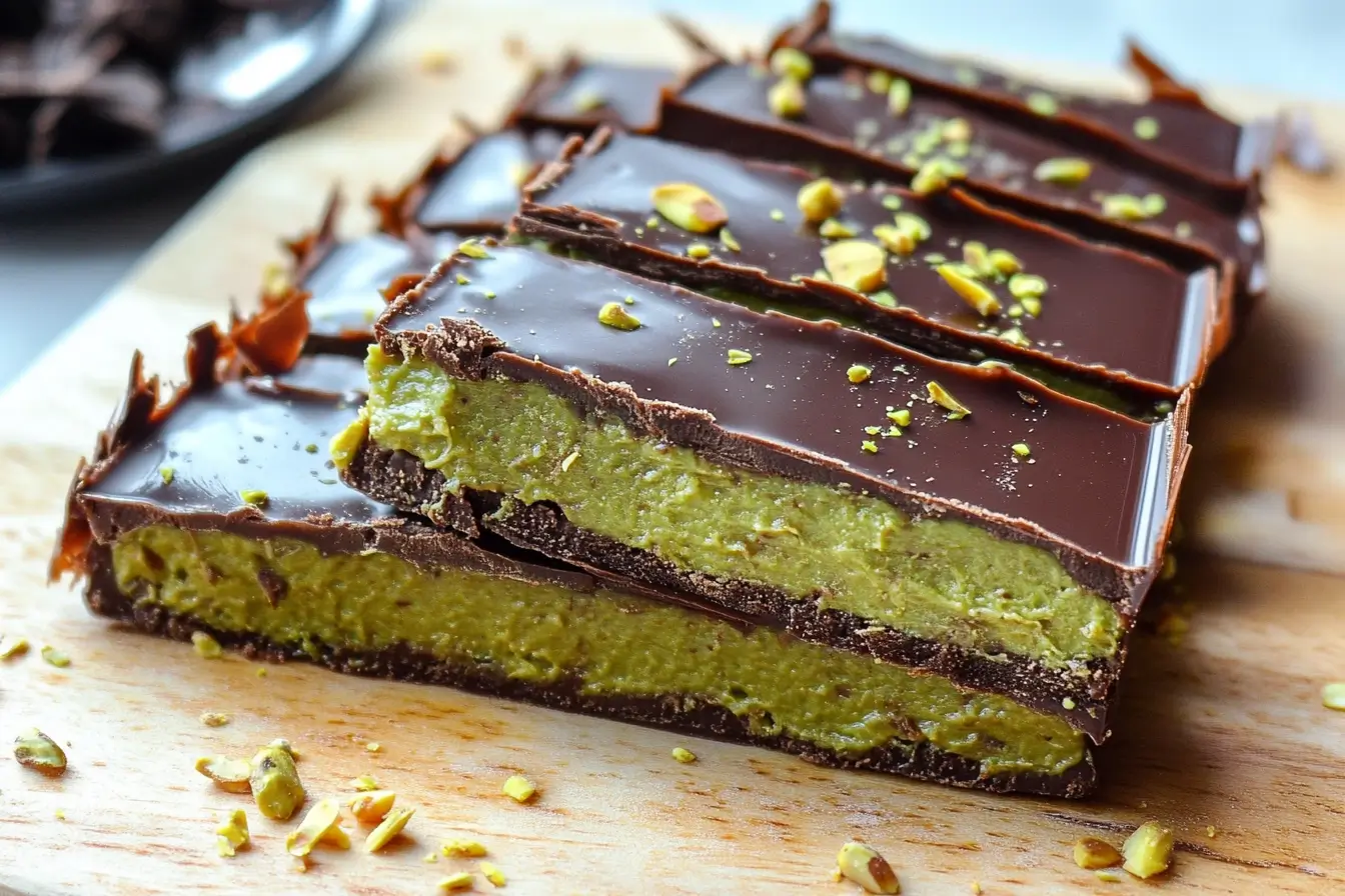 Sliced Dubai chocolate bar revealing rich pistachio filling and glossy chocolate layers.