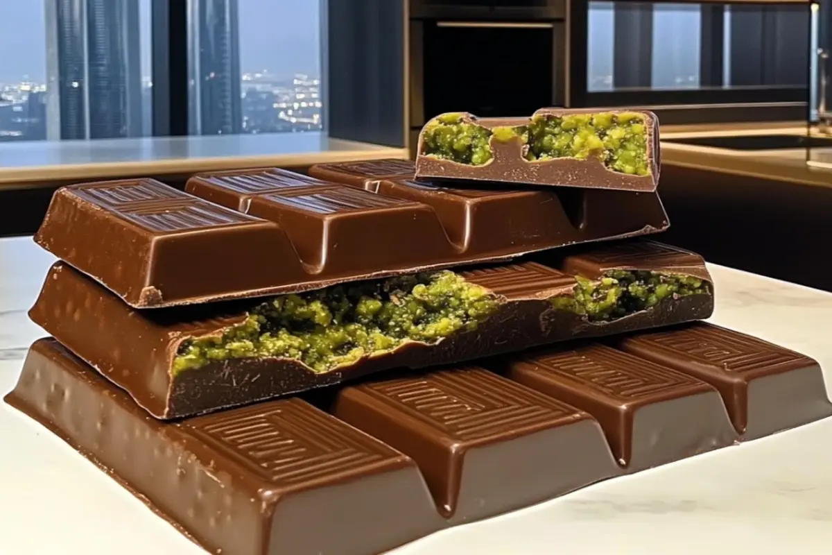 Stack of Pistachio Filled Dubai Chocolate Bars 1- Dubai Chocolate Bar Recipe: A Step-by-Step Guide to Luxurious Indulgence
