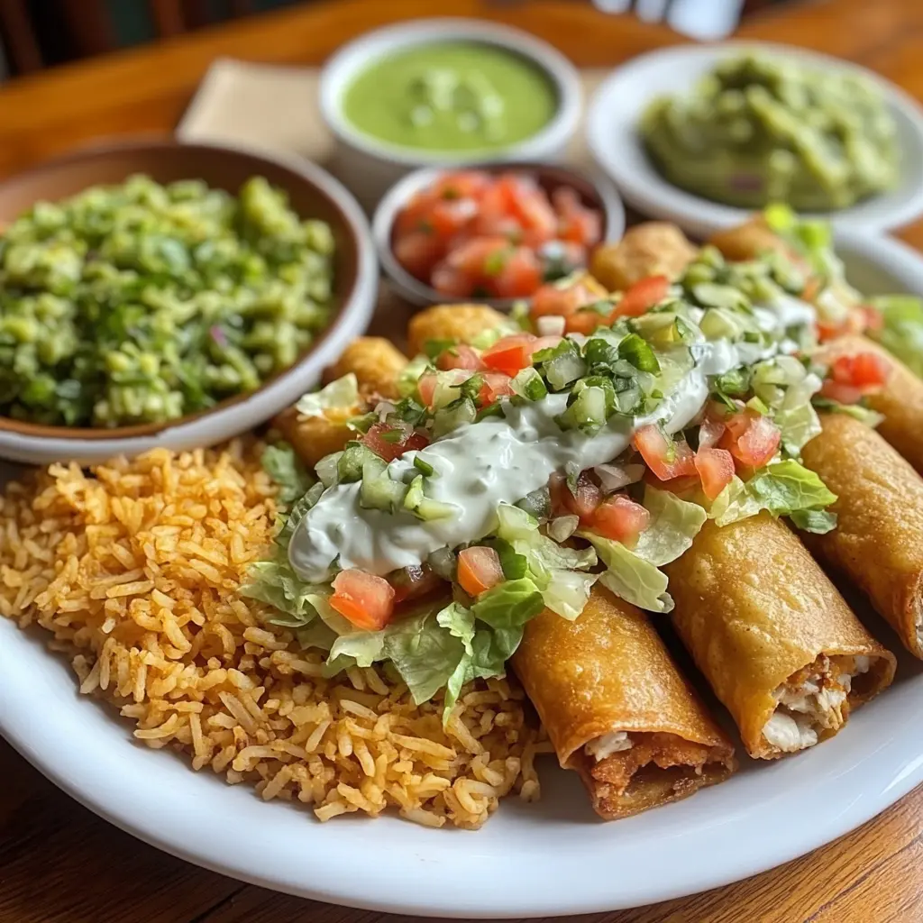 A plate of crispy flautas de pollo topped with fresh lettuce, diced tomatoes, and crema, served with Mexican rice and guacamole on the side