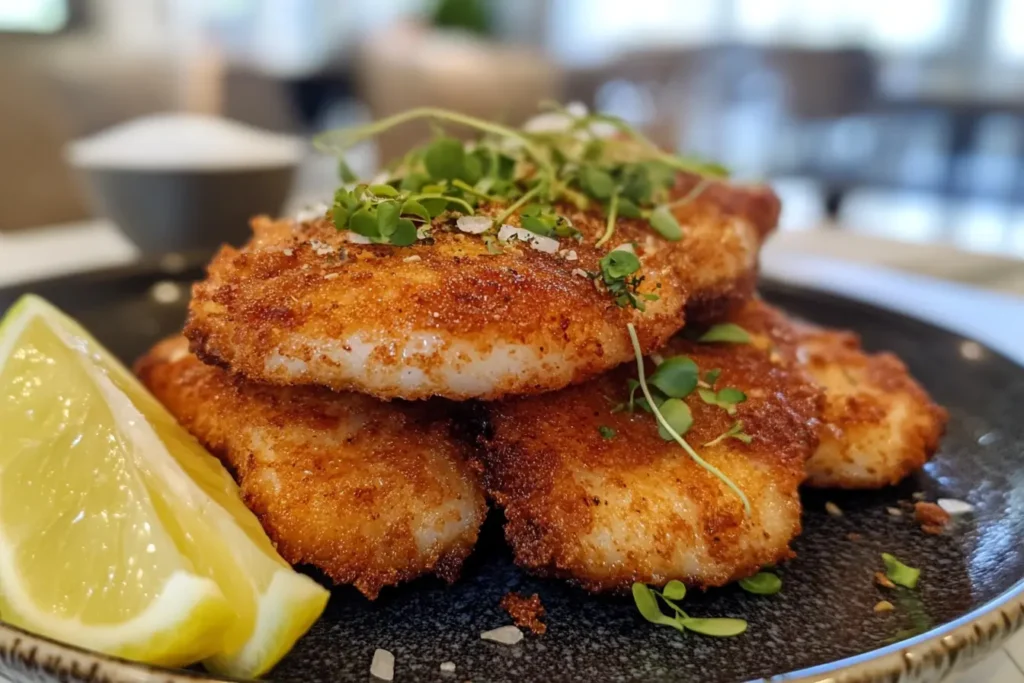 Breaded fish fillets and calamari steak with a lemon wedge.