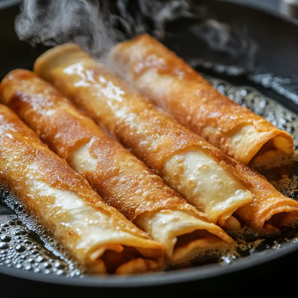 Golden flautas frying in a pan – How to Keep Flautas Rolled When Frying.