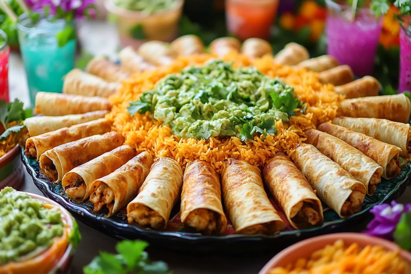Platter of flautas de pollo with rice and guacamole