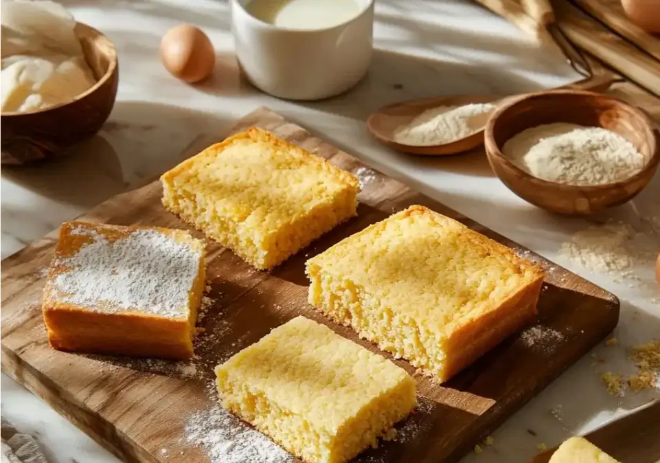 Freshly baked cornbread squares on a wooden board surrounded by baking ingredients, including flour, eggs, and milk. Is it better to use buttermilk or milk in cornbread?