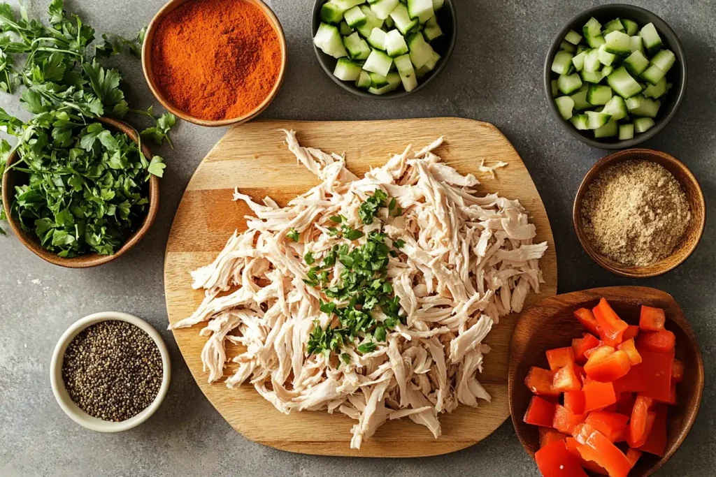 Shredded rotisserie chicken surrounded by fresh ingredients – How to Best Use a Rotisserie Chicken.
