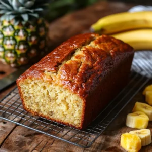 Hawaiian Banana Bread Recipe – freshly baked loaf with pineapple and banana slices on a cooling rack.