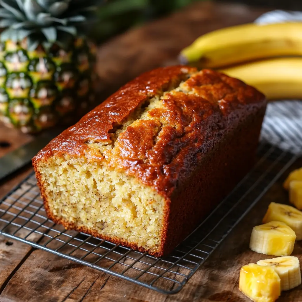 Hawaiian Banana Bread Recipe – freshly baked loaf with pineapple and banana slices on a cooling rack.