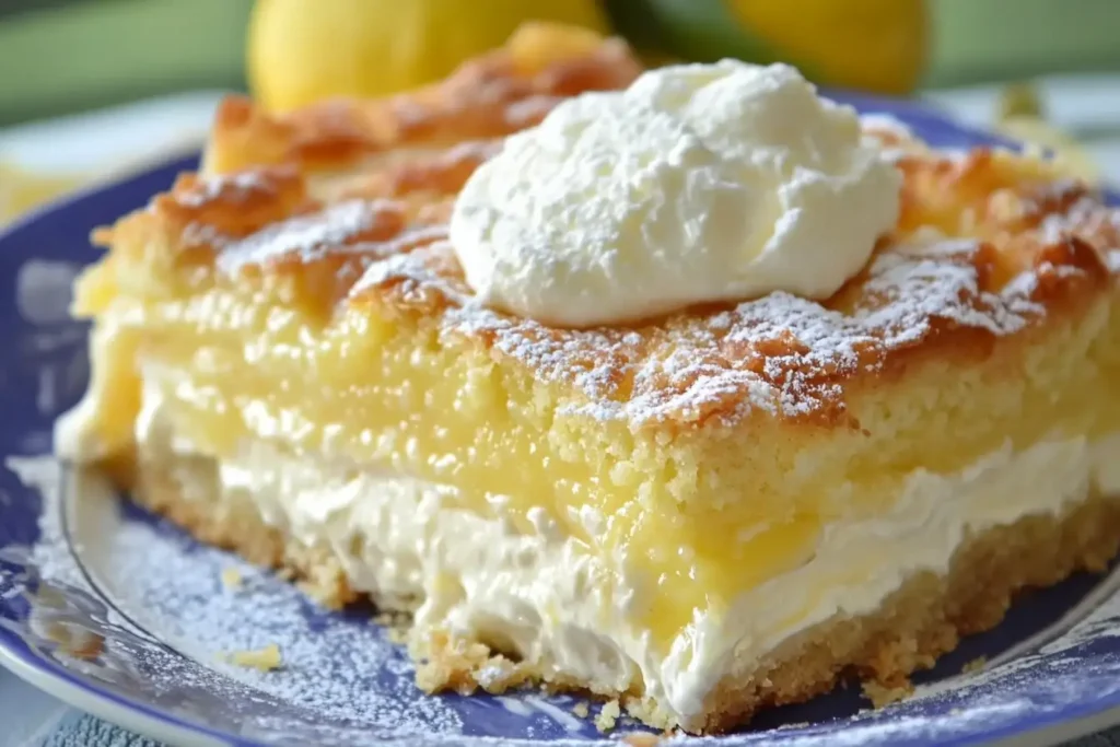 Slice of Lemon Cream Cheese Dump Cake with whipped topping