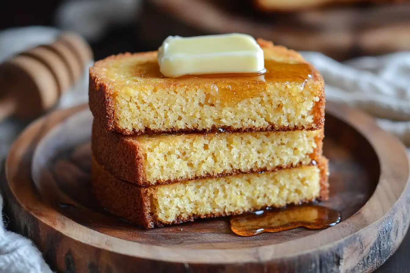 Stack of Southern Cornbread Recipe slices topped with butter and honey.