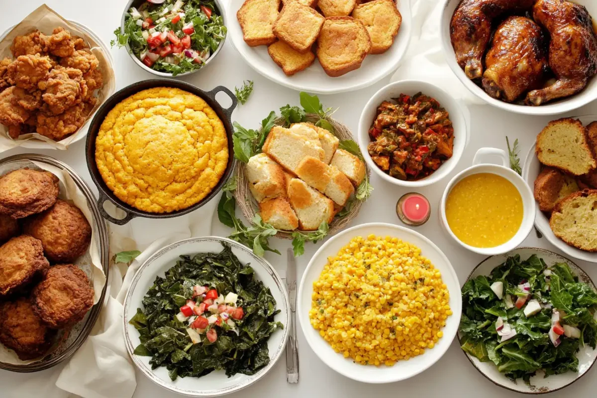 What do they call cornbread in the South? A traditional Southern meal with skillet-baked cornbread, fried chicken, greens, and roasted vegetables