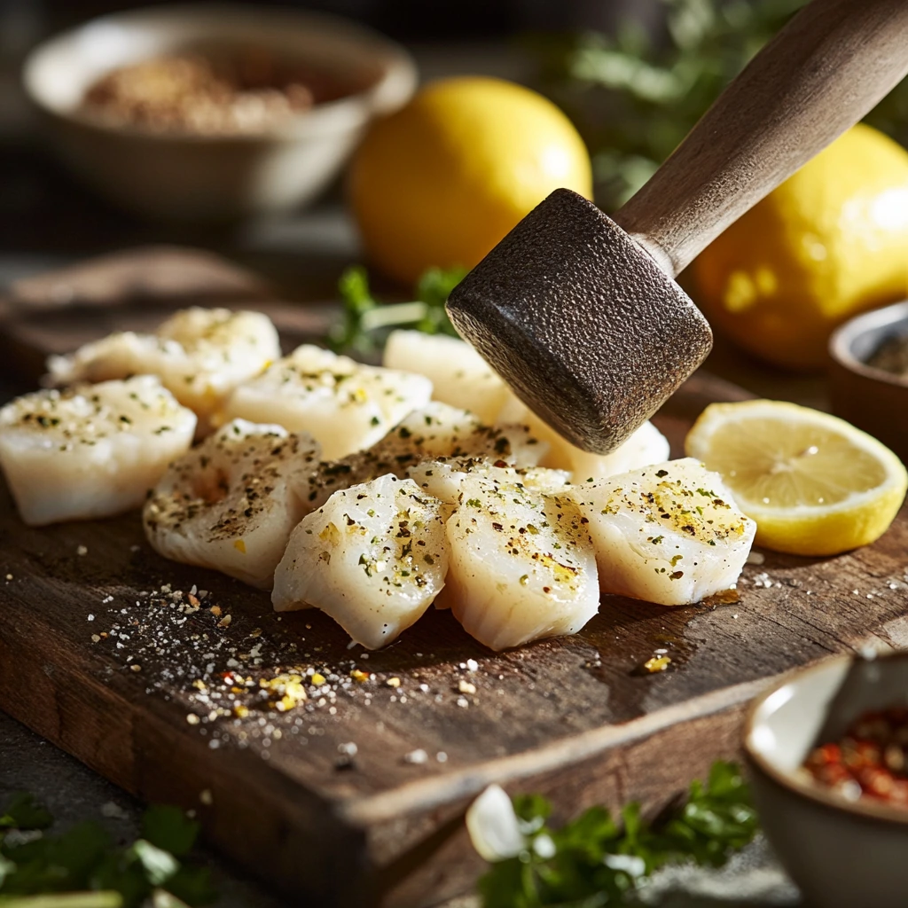 How is calamari steak made: tenderizing calamari steak on a wooden board.
