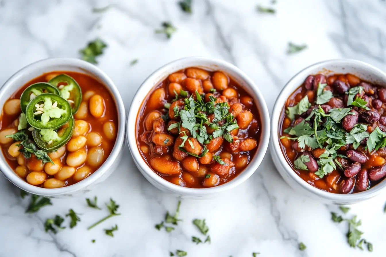 Three bowls of baked beans with different flavors and toppings