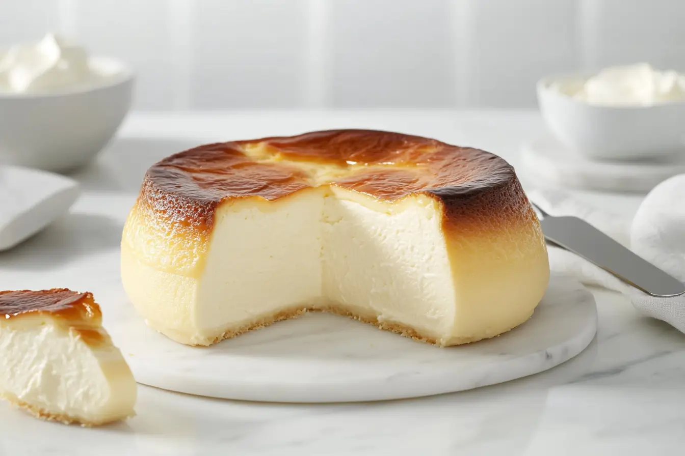Difference Between Basque Cheesecake and Regular Cheesecake: Basque cheesecake with a caramelized, burnt top and creamy interior on a white marble platter.