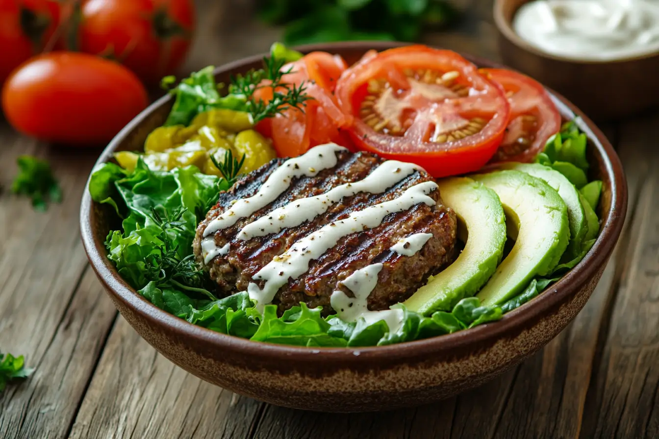 How many calories are in a burger bowl? A delicious burger bowl with fresh vegetables and a grilled beef patty