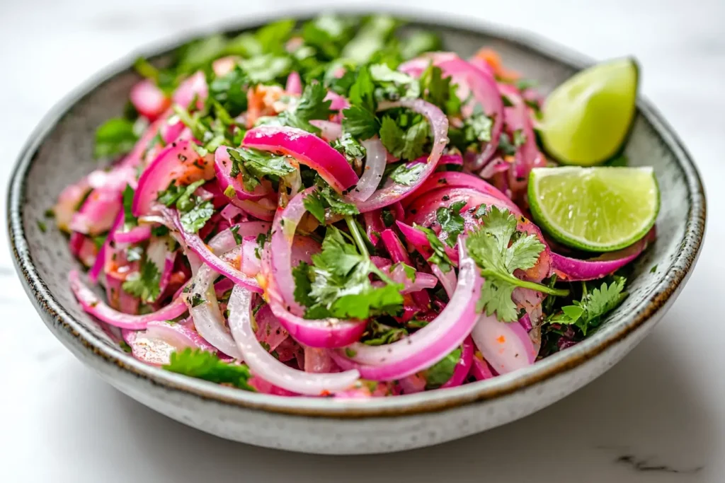 Cebolla Ensalada recipe served in a bowl with fresh ingredients