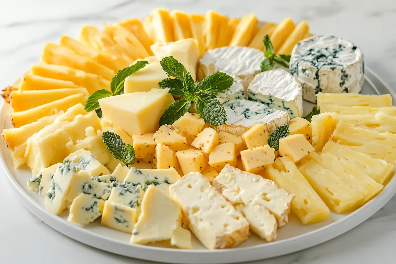 Sharp cheddar and Gouda cheese with pineapple rings on a marble board.