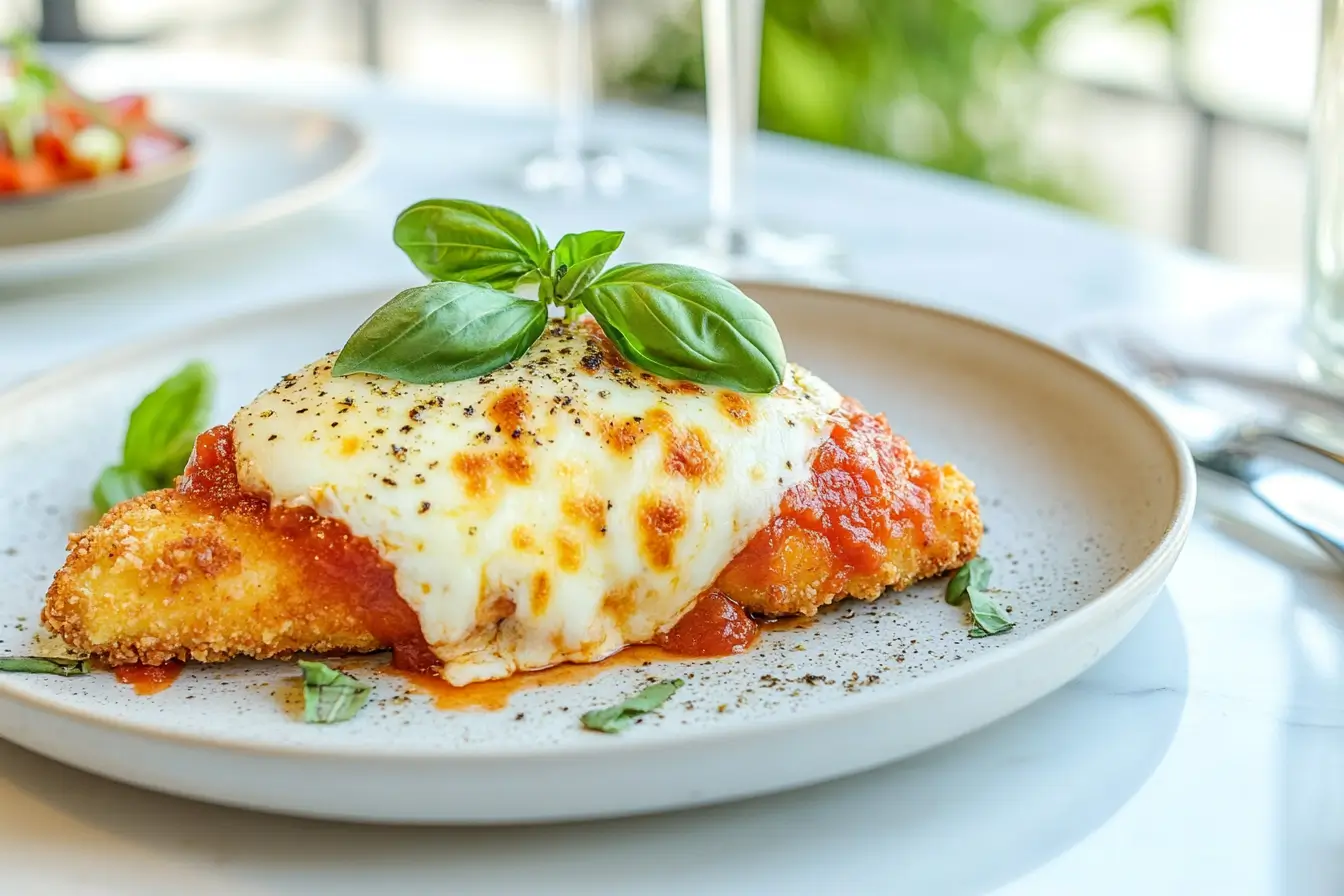 What Is the Difference Between Chicken Parmesan and Chicken Parmigiana? A plated Chicken Parmesan with mozzarella and marinara sauce