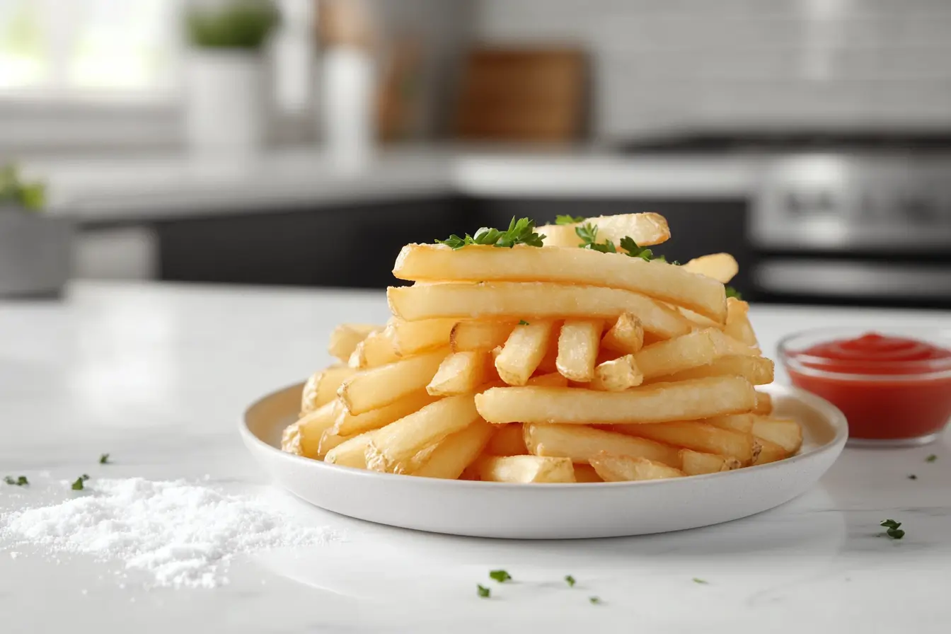 What is the coating that makes fries crispy? Close-up of crispy golden French fries garnished with parsley on a white marble countertop in a modern kitchen.
