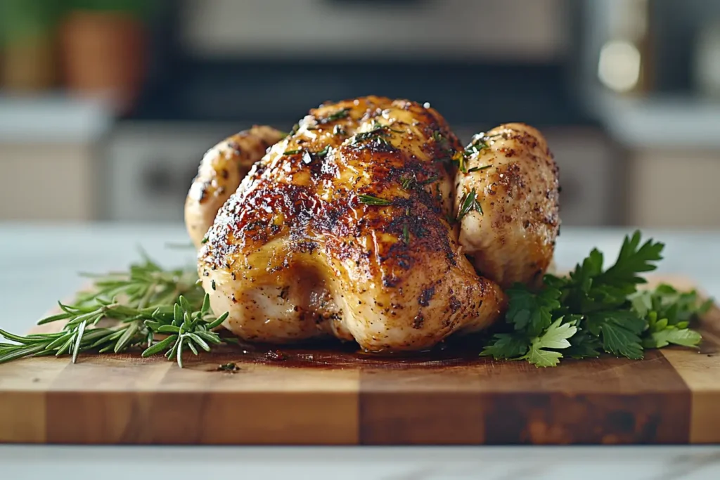 How long will a Costco rotisserie chicken last in the refrigerator? Costco rotisserie chicken on a cutting board with herbs