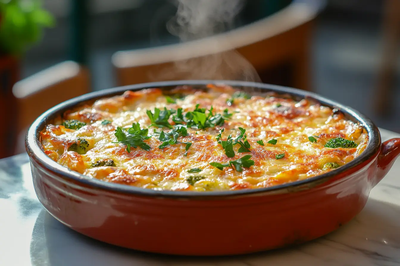 A perfectly baked broccoli casserole in a ceramic dish, garnished with fresh parsley – Is it better to use fresh or frozen broccoli in a casserole?
