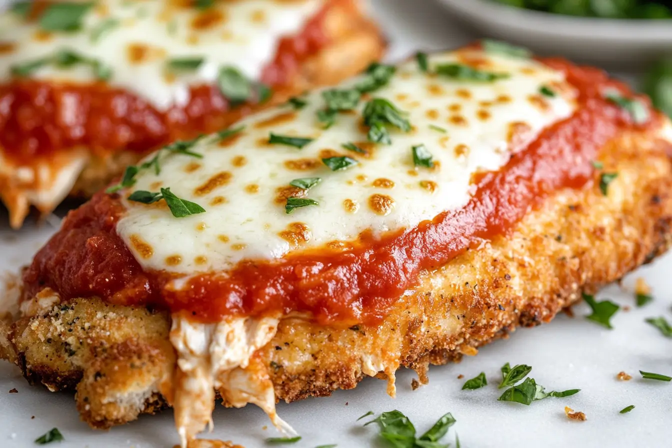 What is on Domino's chicken parm sandwich? A close-up of Domino’s Chicken Parm Sandwich with melted cheese and marinara sauce.