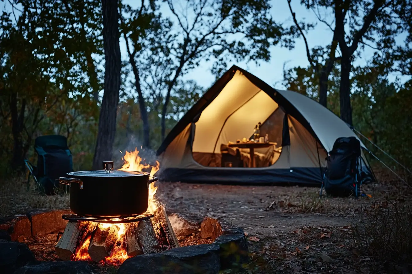 Dutch Oven Camping Recipes: A glowing campfire with a Dutch oven cooking at a serene campsite at dusk.
