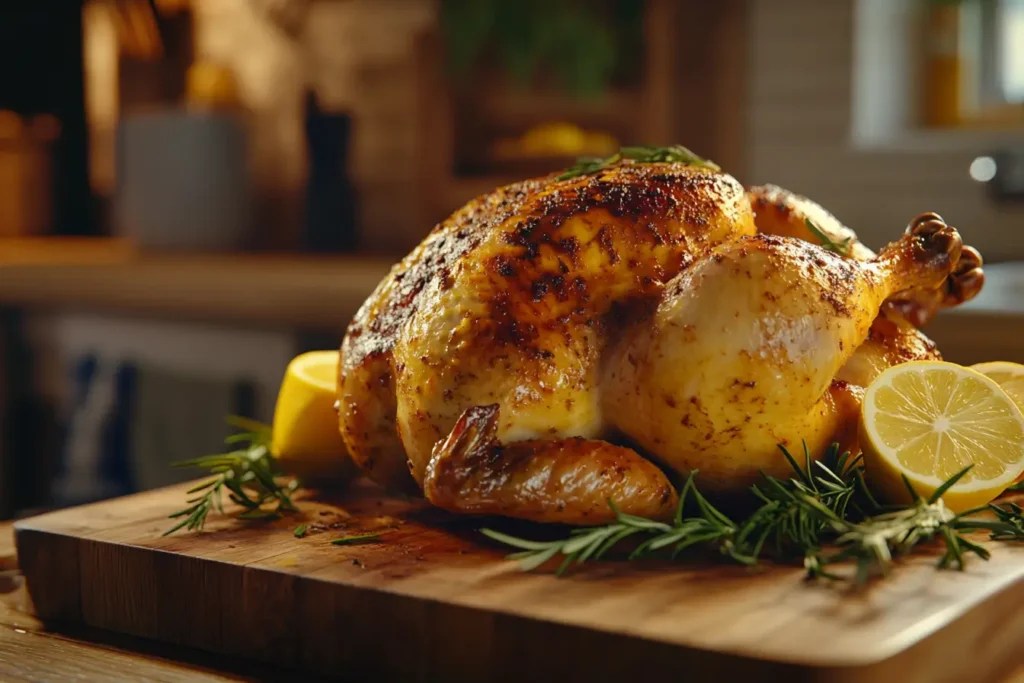 Can I eat rotisserie chicken after 5 days? Freshly roasted rotisserie chicken seasoned with rosemary and accompanied by lemon slices.