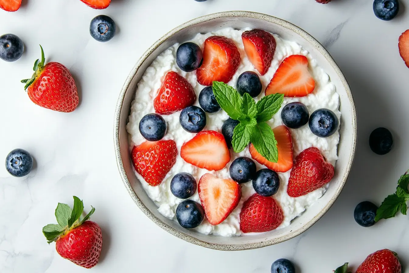 Are there any benefits to eating cottage cheese? A bowl of cottage cheese with fresh fruits sits on a rustic table.