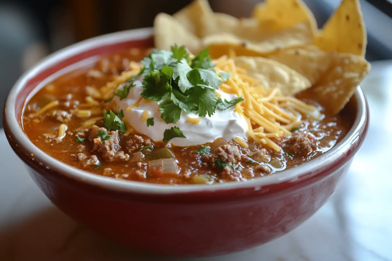 What can I use to thicken taco soup? A hearty bowl of thick taco soup topped with cheese and sour cream