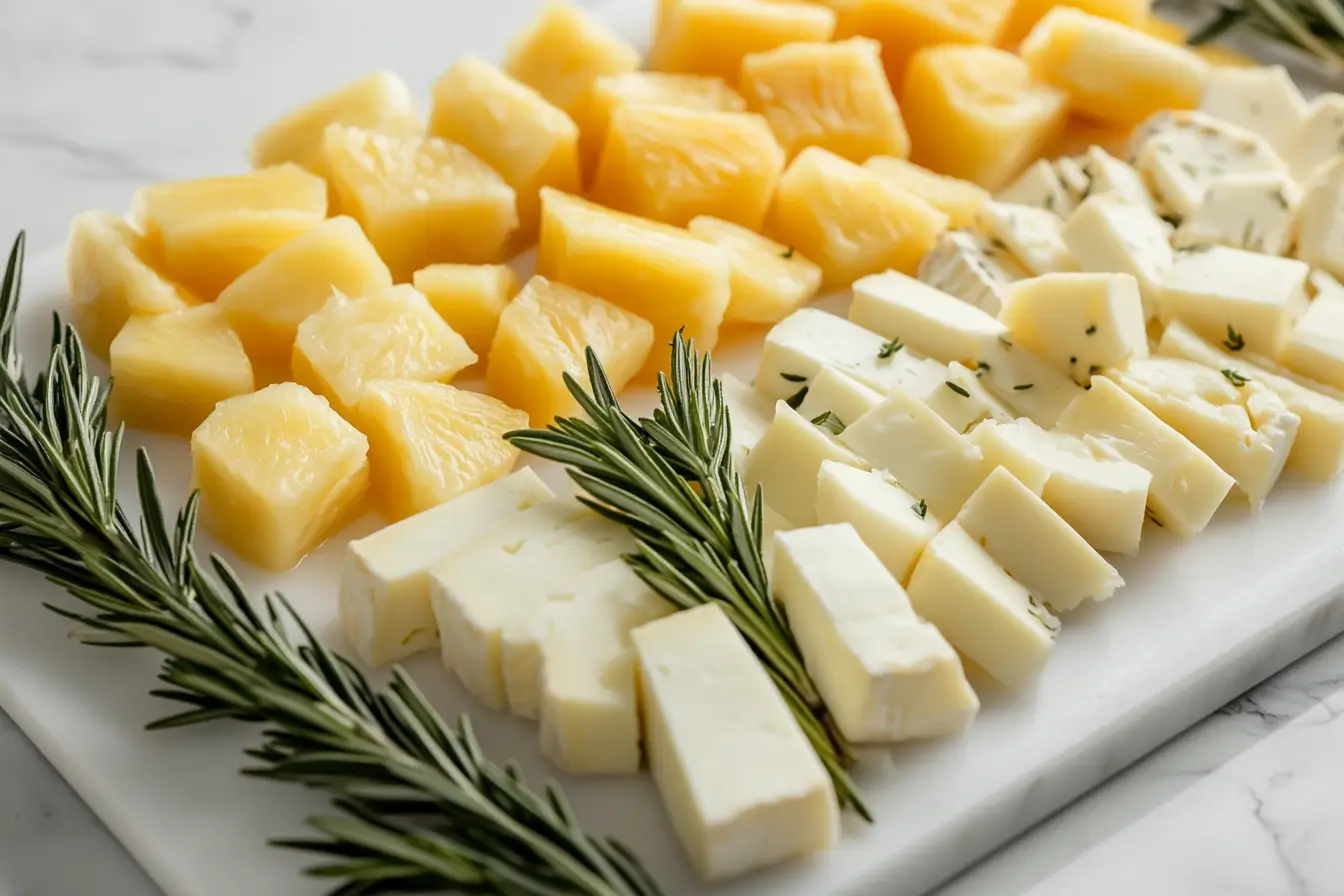What kind of cheese goes well with pineapple! Modern cheese platter with pineapple chunks on a white marble board – the perfect pairing for every taste