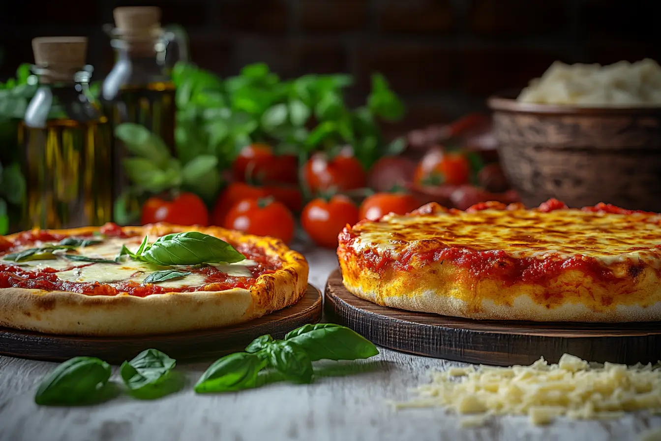 Pizza vs. Pizza Pie: What's the Real Difference? What’s the Difference Between Pizza and Pizza Pie? Thin-crust Neapolitan pizza and thick-crust pizza pie on wooden boards with basil and tomatoes in the background. Explore the nuances between these terms and their origins.