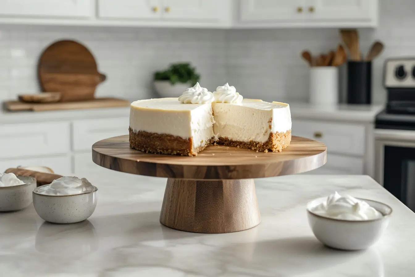 New York-style cheesecake with sour cream and heavy cream bowls, highlighting the question: Is Sour Cream or Heavy Cream Better for Cheesecake?
