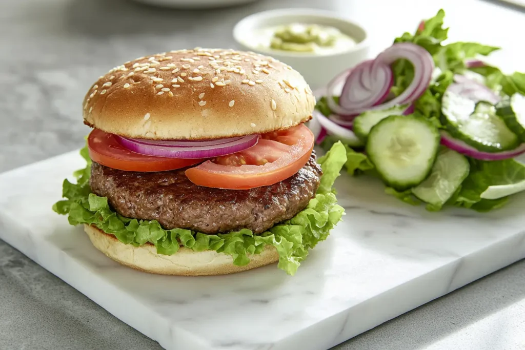 What is the healthiest way to eat a hamburger? A healthy hamburger with a whole grain bun and fresh vegetables.