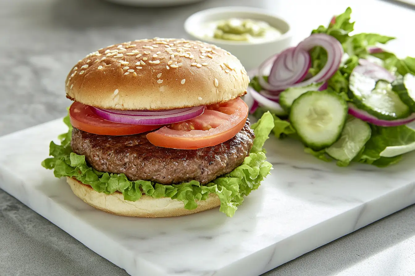 What is the healthiest way to eat a hamburger? A healthy hamburger with a whole grain bun and fresh vegetables.