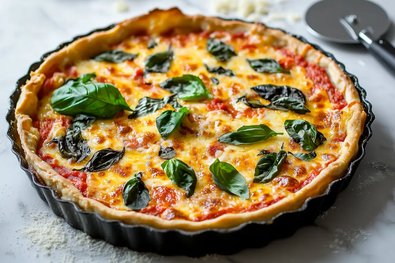 Freshly baked pizza pie recipe with golden crust and basil.
