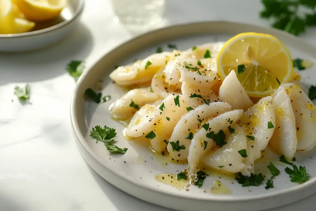 How do you keep calamari from getting chewy? Plated tender calamari with lemon and dipping sauce, served to perfection.