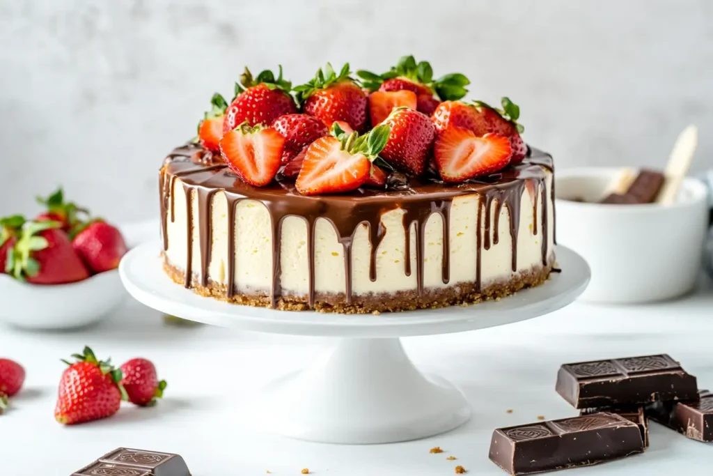Decadent Snickers Strawberry Cheesecake Recipe garnished with chocolate, caramel, and fresh strawberries.