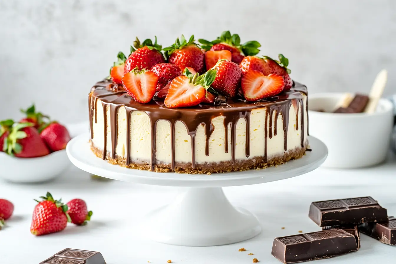 Decadent Snickers Strawberry Cheesecake Recipe garnished with chocolate, caramel, and fresh strawberries.