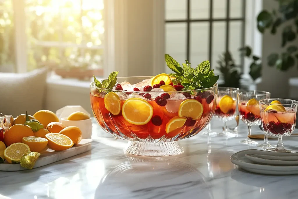 What is the basic formula for punch? A punch bowl with fresh fruits and glasses on a rustic table, showcasing a perfect blend of flavors.