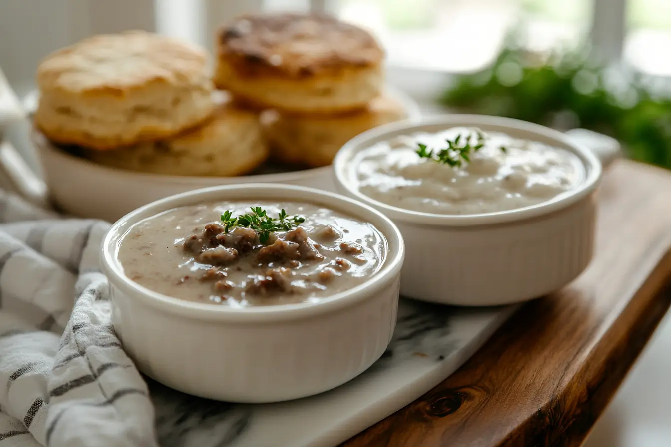White Gravy vs. Country Gravy: Key Differences – A bowl of white gravy and a bowl of country gravy with biscuits