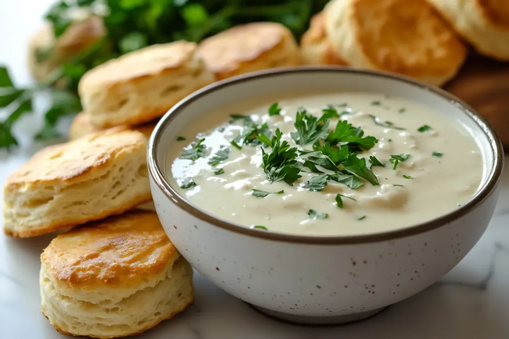 A bowl of creamy White Gravy Recipe served with biscuits on a rustic wooden table. Let me know if you need any further refinements!