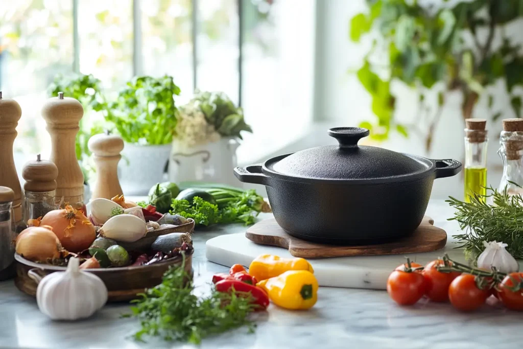 Dutch oven recipes: Rustic kitchen with a Dutch oven and fresh ingredients.