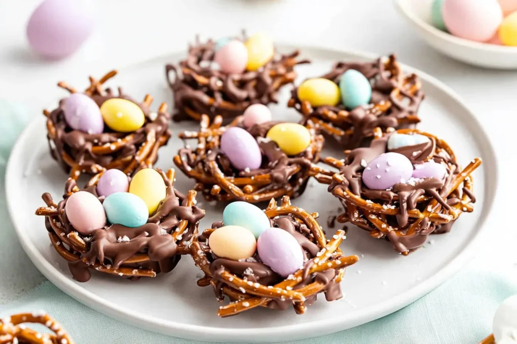A close-up of Chocolate Pretzel Easter Nests with candy eggs.